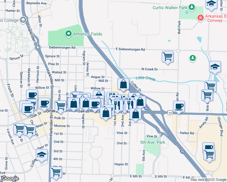 map of restaurants, bars, coffee shops, grocery stores, and more near 1118 Gum Street in Conway