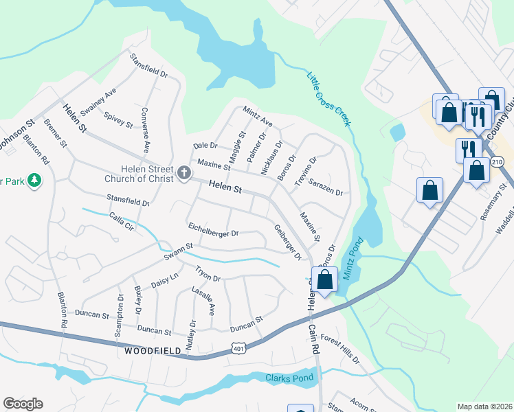 map of restaurants, bars, coffee shops, grocery stores, and more near 1904 Middlecoff Drive in Fayetteville