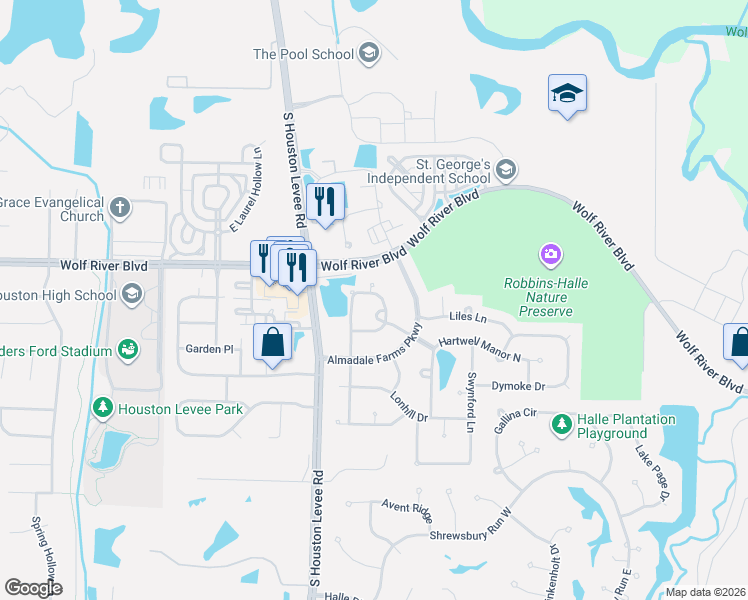 map of restaurants, bars, coffee shops, grocery stores, and more near 1947 Templeton Circle North in Collierville