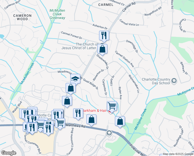 map of restaurants, bars, coffee shops, grocery stores, and more near 5901 Rimerton Drive in Charlotte