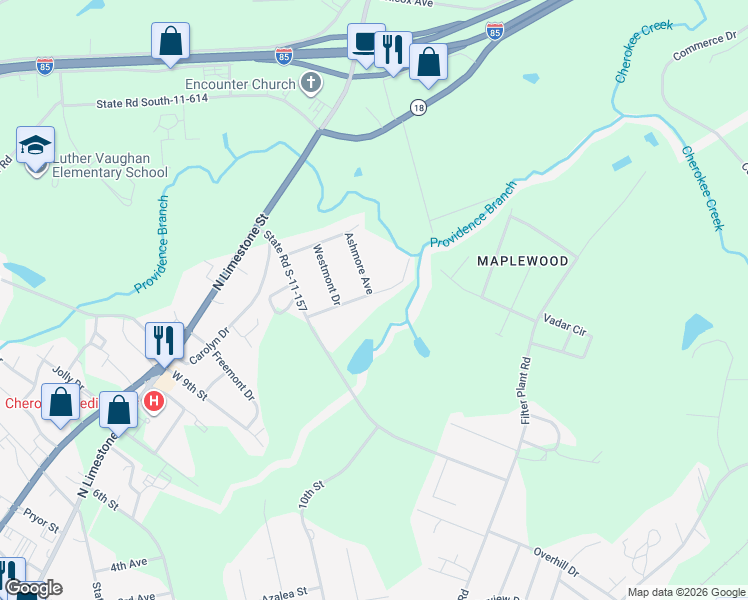 map of restaurants, bars, coffee shops, grocery stores, and more near 300 Springwood Drive in Gaffney