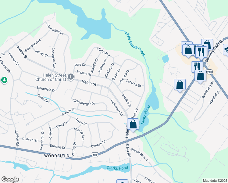 map of restaurants, bars, coffee shops, grocery stores, and more near 709 Helen Street in Fayetteville
