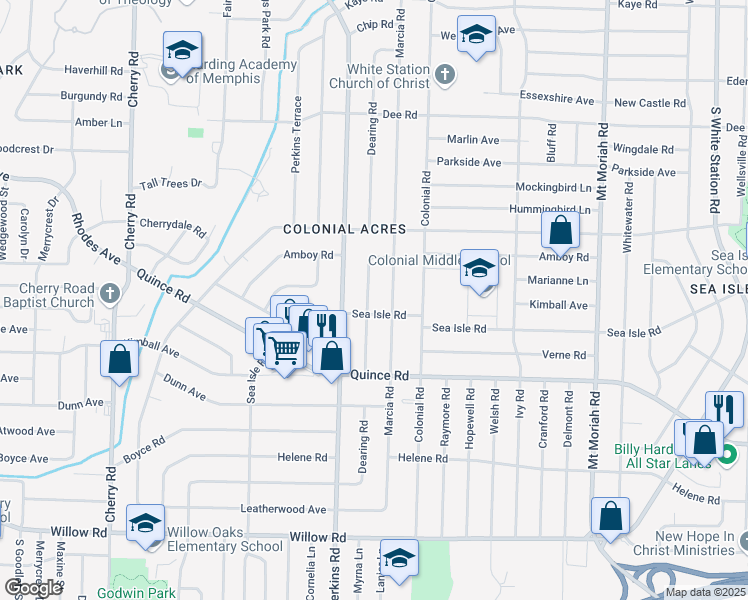 map of restaurants, bars, coffee shops, grocery stores, and more near 1378 Dearing Road in Memphis