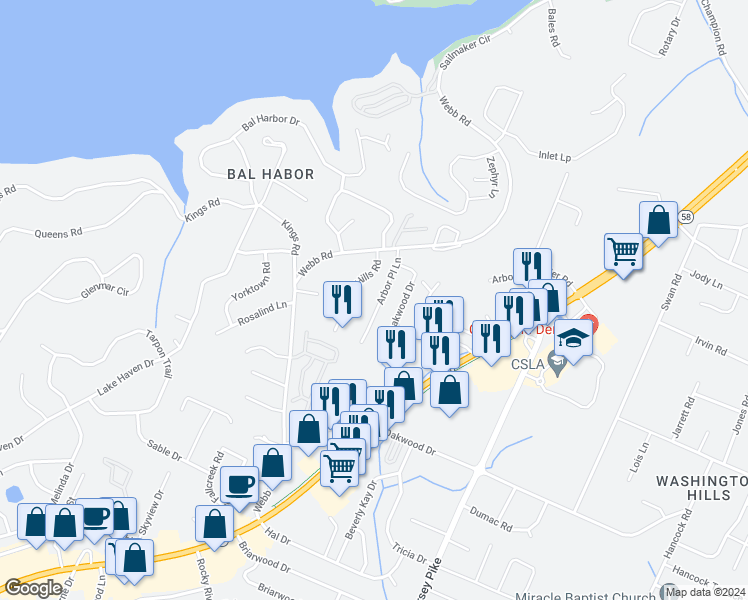 map of restaurants, bars, coffee shops, grocery stores, and more near 4041 Arbor Place Lane in Chattanooga