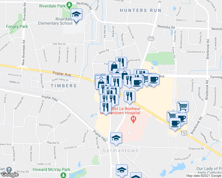 map of restaurants, bars, coffee shops, grocery stores, and more near 7500 West Farmington Boulevard in Germantown