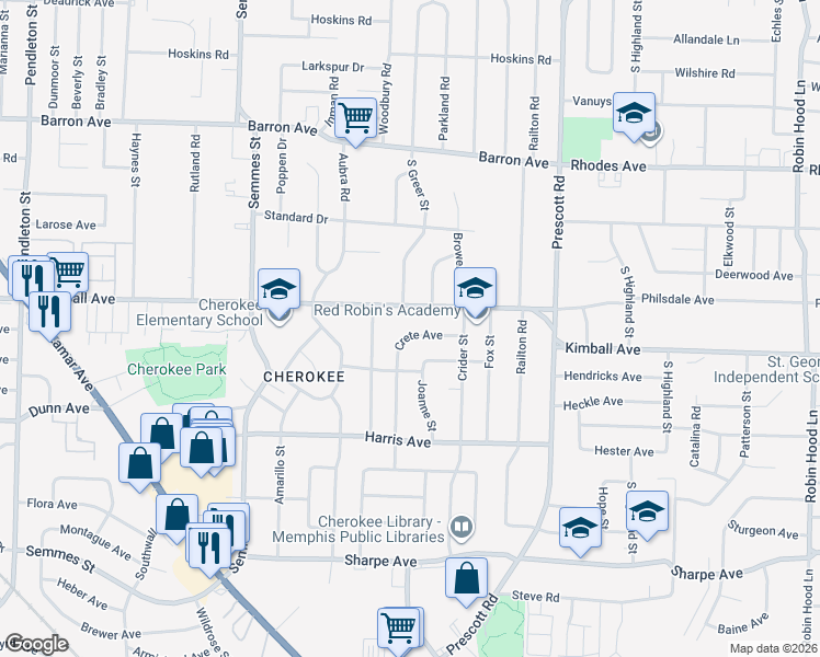map of restaurants, bars, coffee shops, grocery stores, and more near 3222 Crete Avenue in Memphis