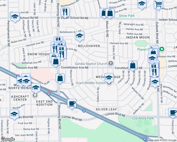map of restaurants, bars, coffee shops, grocery stores, and more near 1308 Field Drive Northeast in Albuquerque
