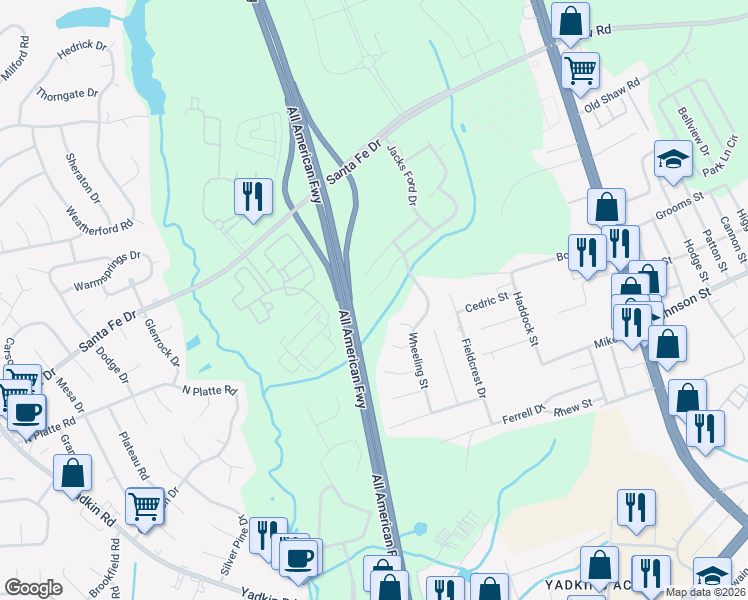 map of restaurants, bars, coffee shops, grocery stores, and more near 5006 Summer Ridge Road in Fayetteville