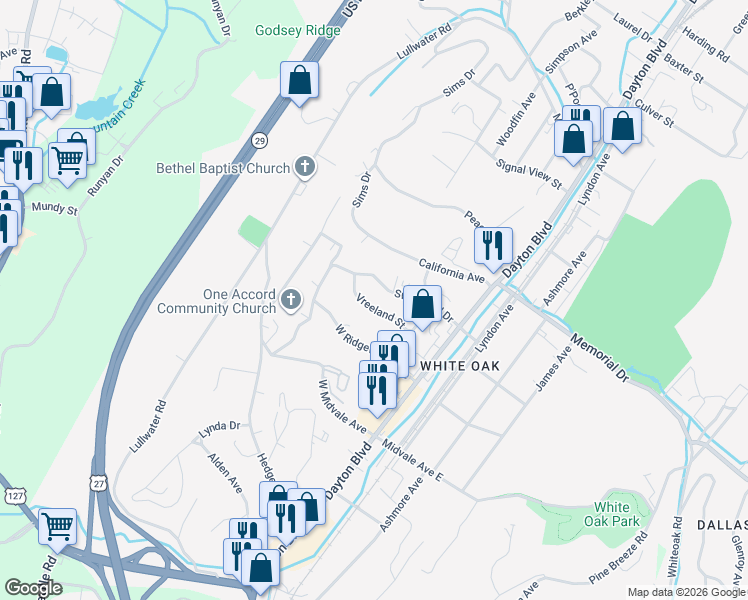 map of restaurants, bars, coffee shops, grocery stores, and more near 223 Vreeland Street in Chattanooga