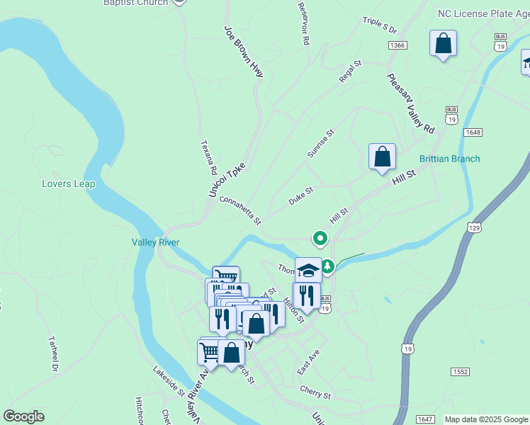 map of restaurants, bars, coffee shops, grocery stores, and more near 5 Sunrise Street in Murphy