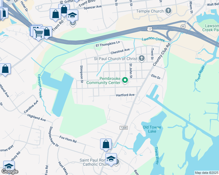 map of restaurants, bars, coffee shops, grocery stores, and more near State Road 1320 in New Bern
