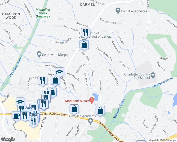 map of restaurants, bars, coffee shops, grocery stores, and more near 5811 Carpenter Drive in Charlotte