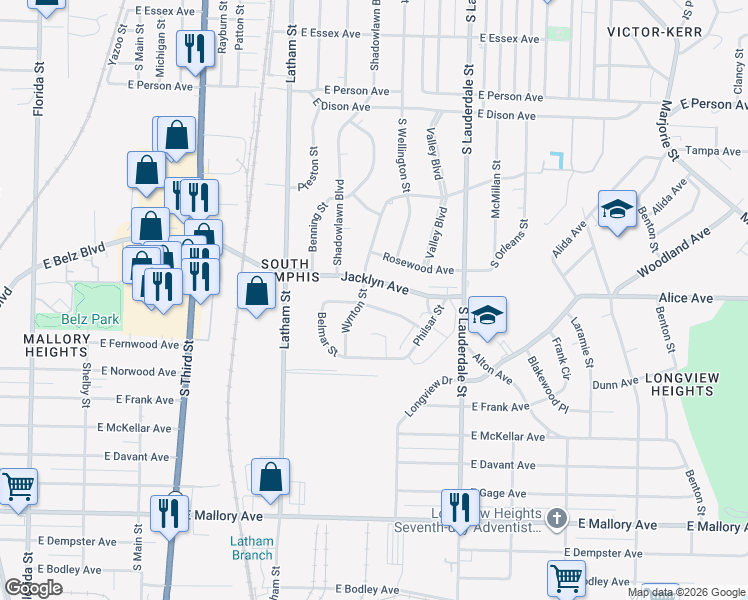 map of restaurants, bars, coffee shops, grocery stores, and more near 450 Fernwood Avenue in Memphis