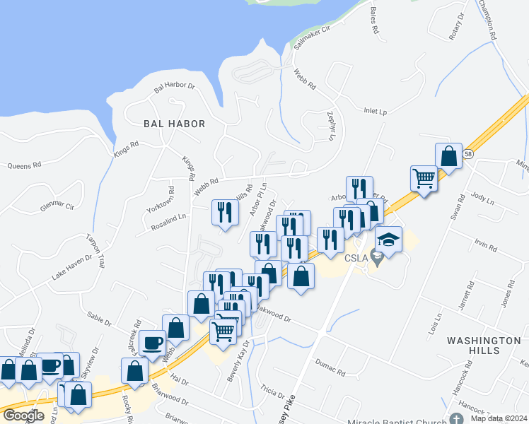 map of restaurants, bars, coffee shops, grocery stores, and more near 4053 Teakwood Drive in Chattanooga