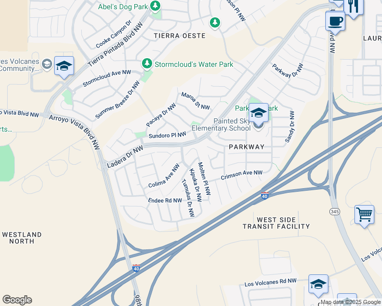 map of restaurants, bars, coffee shops, grocery stores, and more near 983 Molten Place Northwest in Albuquerque