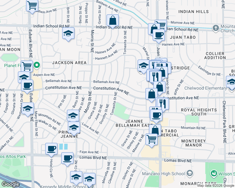 map of restaurants, bars, coffee shops, grocery stores, and more near 11401 Ralph Avenue Northeast in Albuquerque
