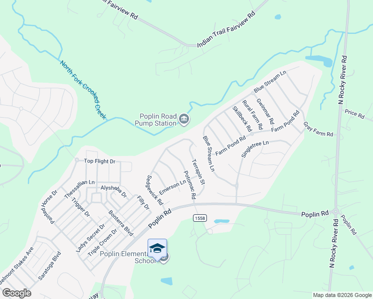 map of restaurants, bars, coffee shops, grocery stores, and more near 2023 Terrapin Street in Indian Trail