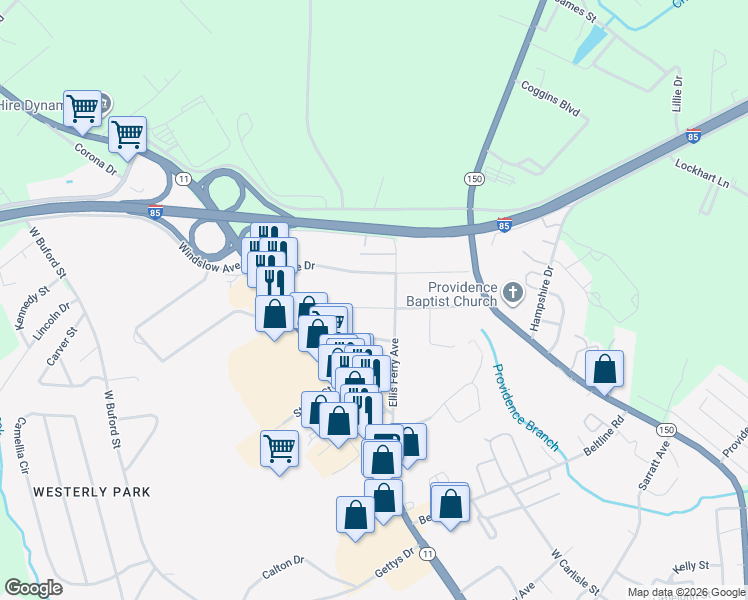 map of restaurants, bars, coffee shops, grocery stores, and more near 304 Mimosa Drive in Gaffney