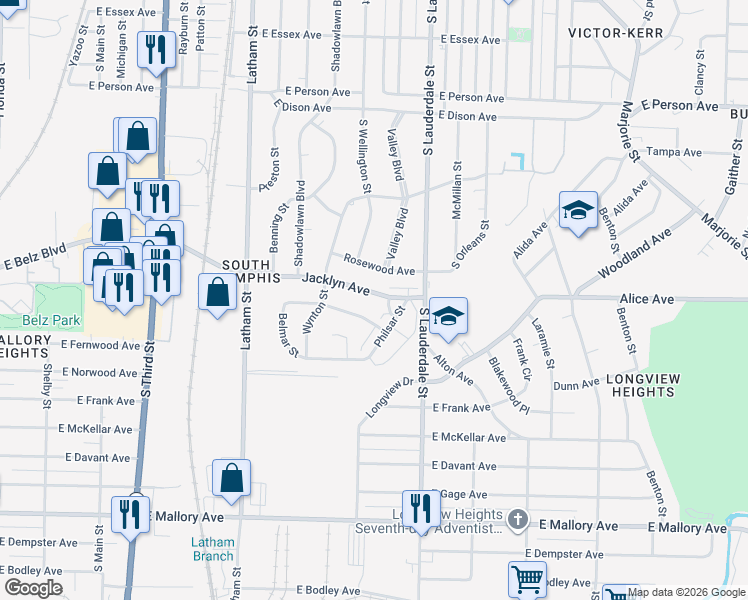 map of restaurants, bars, coffee shops, grocery stores, and more near 495 Jacklyn Avenue in Memphis