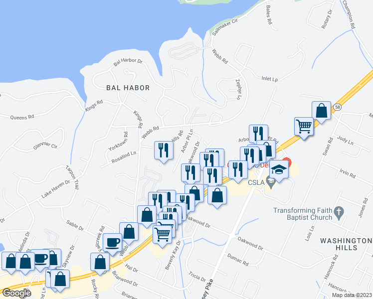 map of restaurants, bars, coffee shops, grocery stores, and more near 4048 Arbor Place Lane in Chattanooga