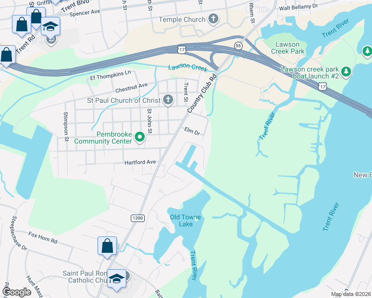 map of restaurants, bars, coffee shops, grocery stores, and more near 2207 Hidden Harbor Drive in New Bern