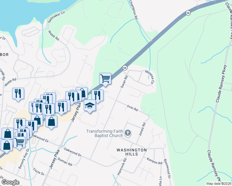 map of restaurants, bars, coffee shops, grocery stores, and more near 5005 Swan Rd in Chattanooga
