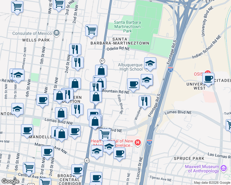 map of restaurants, bars, coffee shops, grocery stores, and more near 1176 Edith Boulevard Northeast in Albuquerque