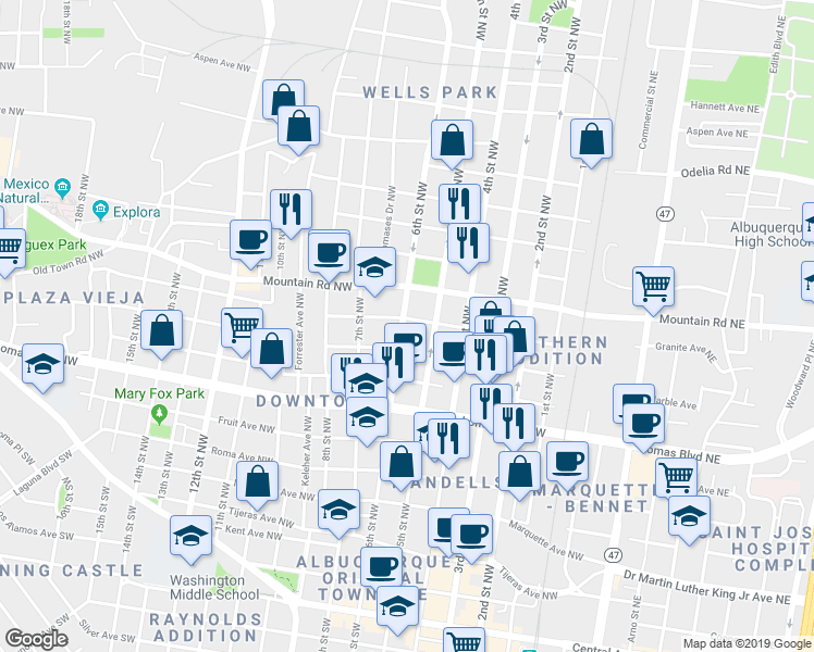 map of restaurants, bars, coffee shops, grocery stores, and more near 512 Granite Avenue Northwest in Albuquerque