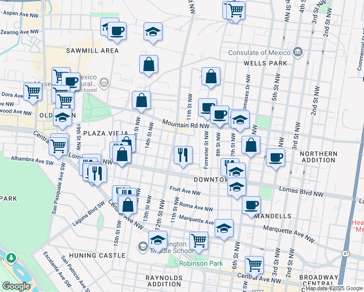 map of restaurants, bars, coffee shops, grocery stores, and more near 724 12th Street Northwest in Albuquerque