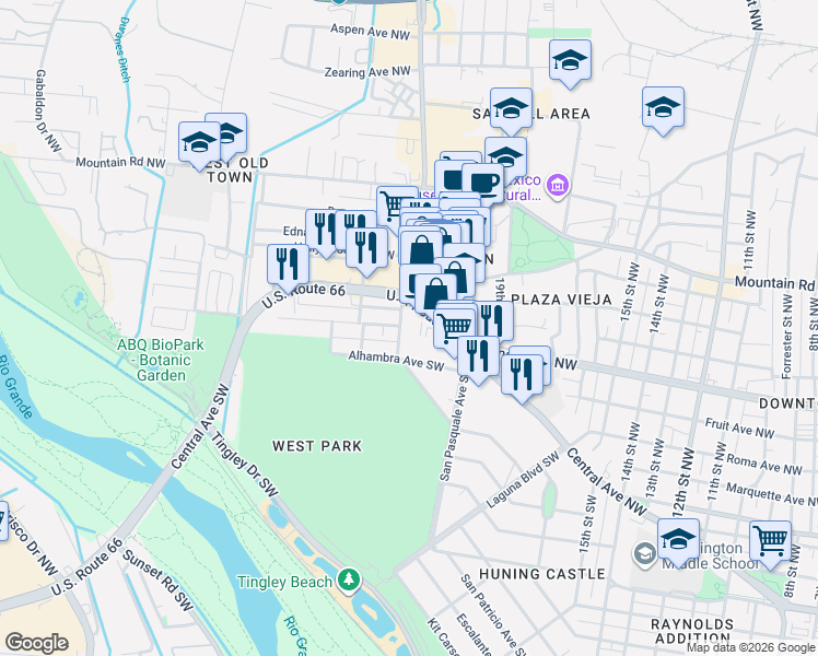 map of restaurants, bars, coffee shops, grocery stores, and more near 230 Willis Place Southwest in Albuquerque