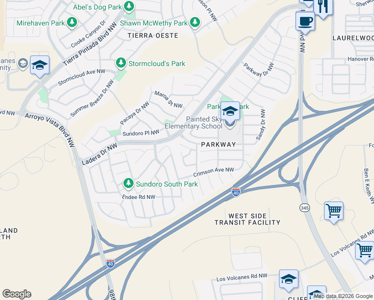 map of restaurants, bars, coffee shops, grocery stores, and more near 8420 Scarlet Place Northwest in Albuquerque