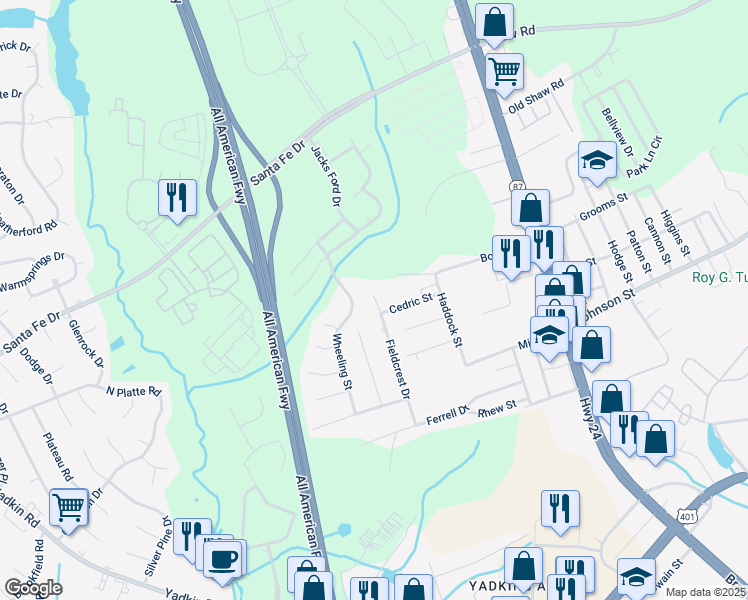 map of restaurants, bars, coffee shops, grocery stores, and more near in Fayetteville
