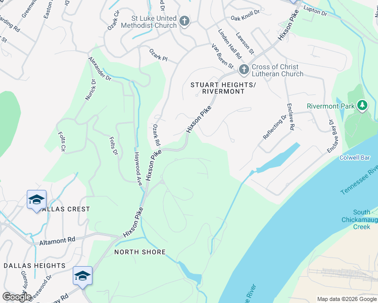 map of restaurants, bars, coffee shops, grocery stores, and more near 1033 River Hills Drive in Chattanooga
