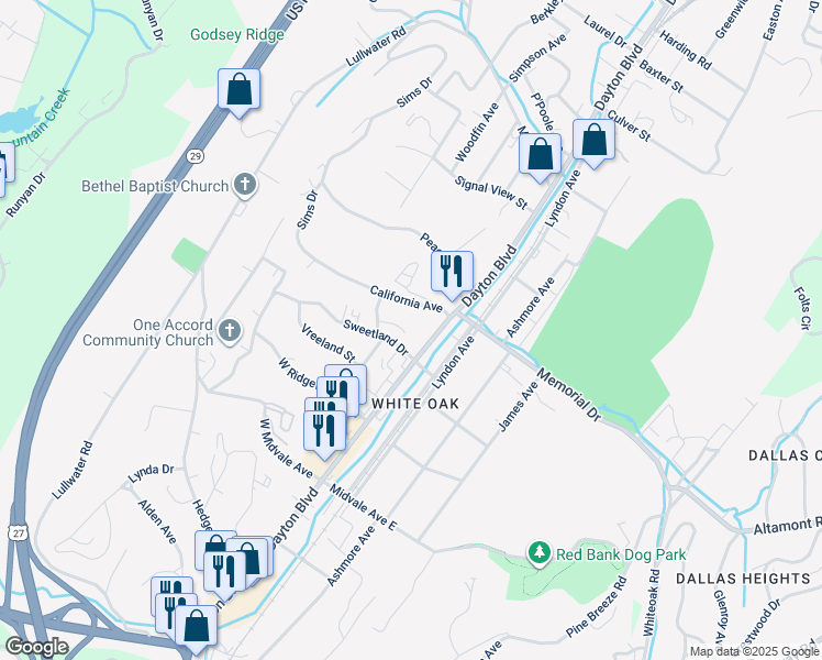 map of restaurants, bars, coffee shops, grocery stores, and more near 114 Sweetland Drive in Chattanooga