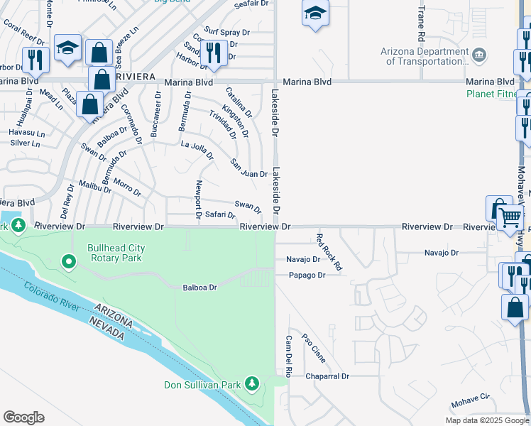 map of restaurants, bars, coffee shops, grocery stores, and more near 979 Swan Drive in Bullhead City