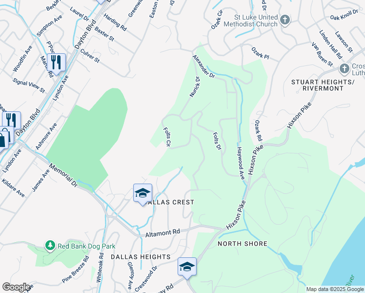 map of restaurants, bars, coffee shops, grocery stores, and more near 2719 Folts Circle in Chattanooga