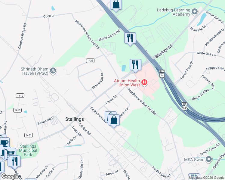 map of restaurants, bars, coffee shops, grocery stores, and more near 1317 Flowe Drive in Stallings