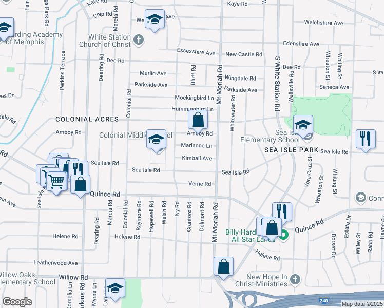 map of restaurants, bars, coffee shops, grocery stores, and more near 4920 Kimball Ave in Memphis