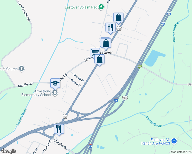 map of restaurants, bars, coffee shops, grocery stores, and more near 3660 Dunn Road in Eastover