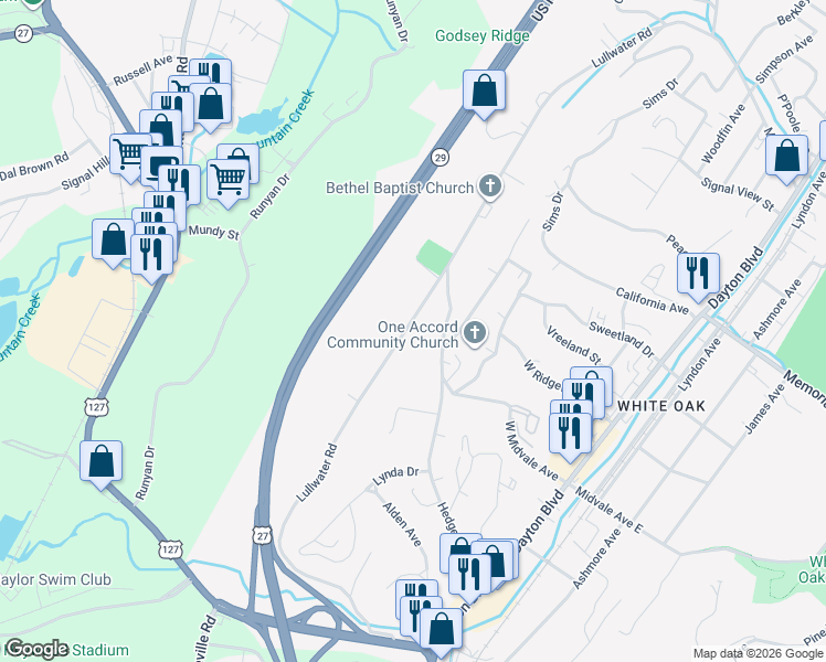 map of restaurants, bars, coffee shops, grocery stores, and more near 522 Lullwater Road in Chattanooga