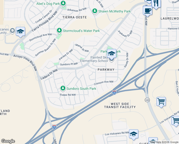 map of restaurants, bars, coffee shops, grocery stores, and more near 8420 Scarlet Place Northwest in Albuquerque