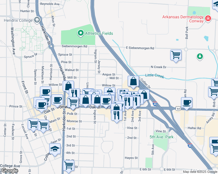 map of restaurants, bars, coffee shops, grocery stores, and more near 321 Willow Street in Conway