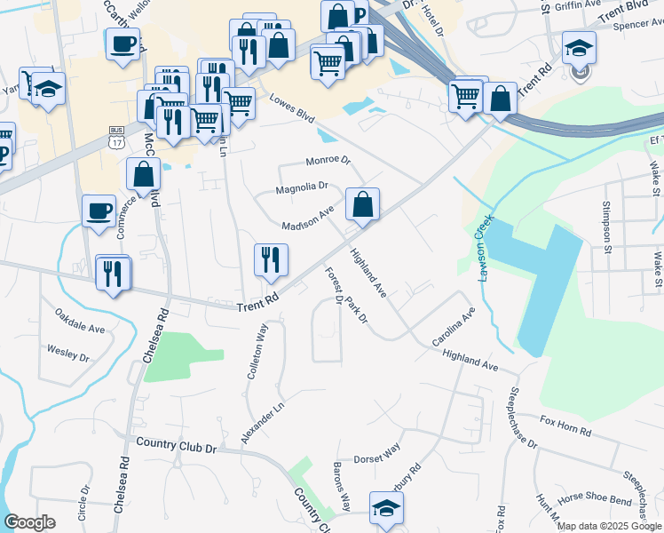 map of restaurants, bars, coffee shops, grocery stores, and more near 3007 Trent Road in New Bern