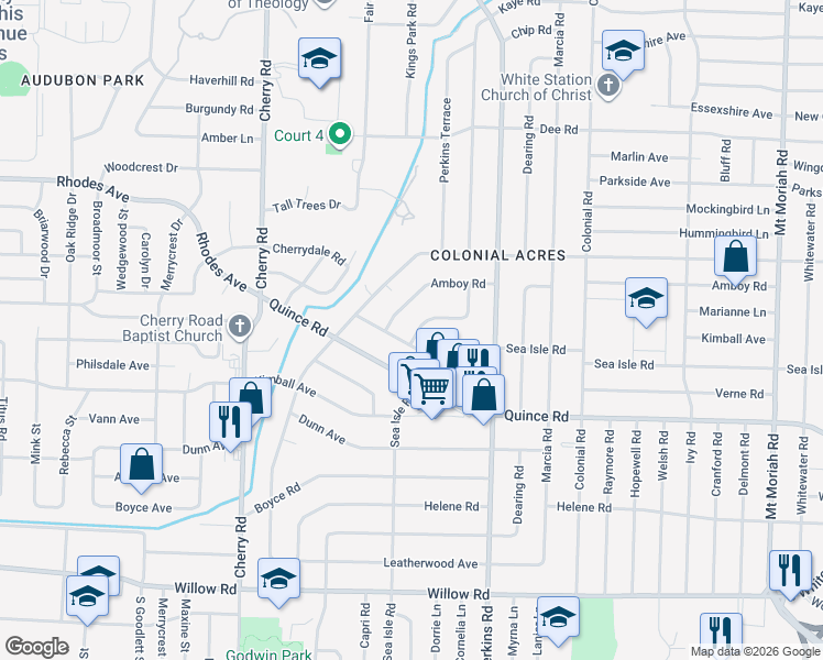 map of restaurants, bars, coffee shops, grocery stores, and more near 4566 Monaco Road in Memphis