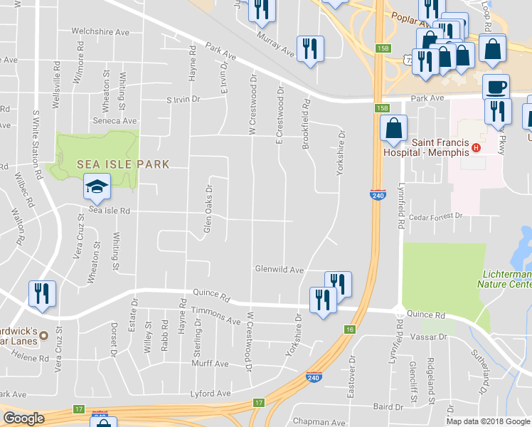 map of restaurants, bars, coffee shops, grocery stores, and more near 5548 Roselawn Drive in Memphis