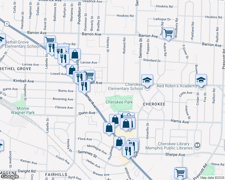 map of restaurants, bars, coffee shops, grocery stores, and more near 1379 Kimball Cove in Memphis