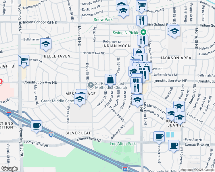 map of restaurants, bars, coffee shops, grocery stores, and more near 1312 Garcia Street Northeast in Albuquerque