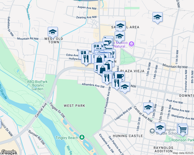 map of restaurants, bars, coffee shops, grocery stores, and more near 200 Rio Grande Boulevard Southwest in Albuquerque