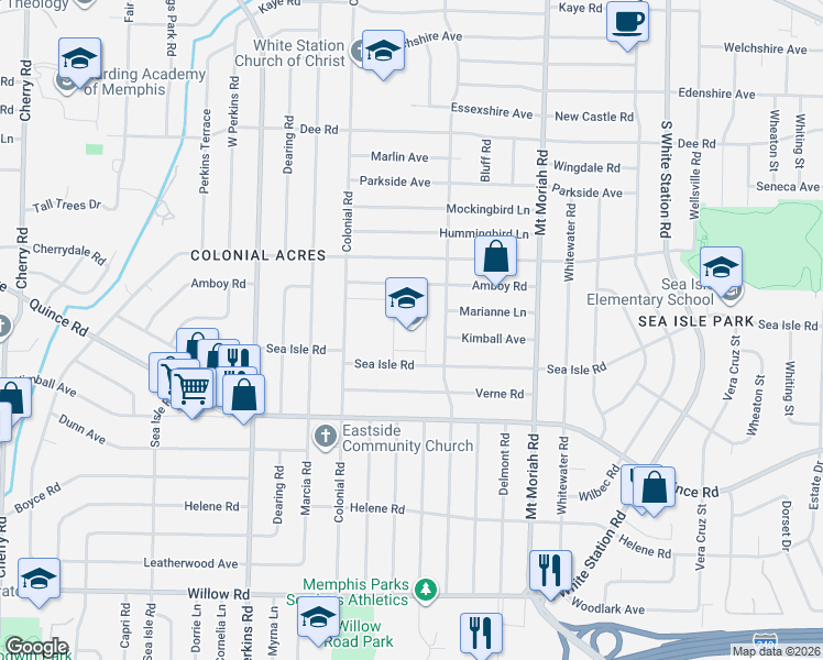 map of restaurants, bars, coffee shops, grocery stores, and more near 1370 Colonial Road in Memphis