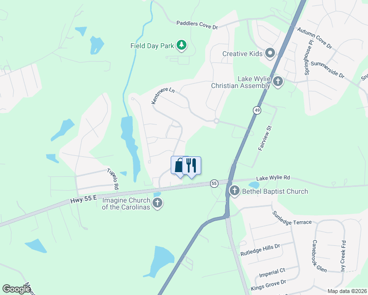 map of restaurants, bars, coffee shops, grocery stores, and more near 5448 State Highway 55 East in Clover